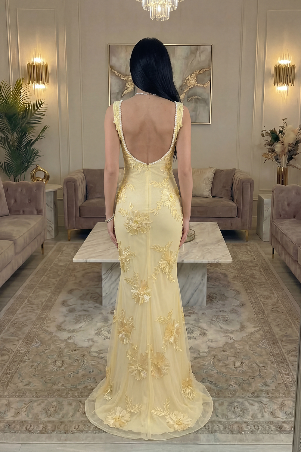 Yellow Floral Mermaid Square Neck Long Prom Dress with Pearls