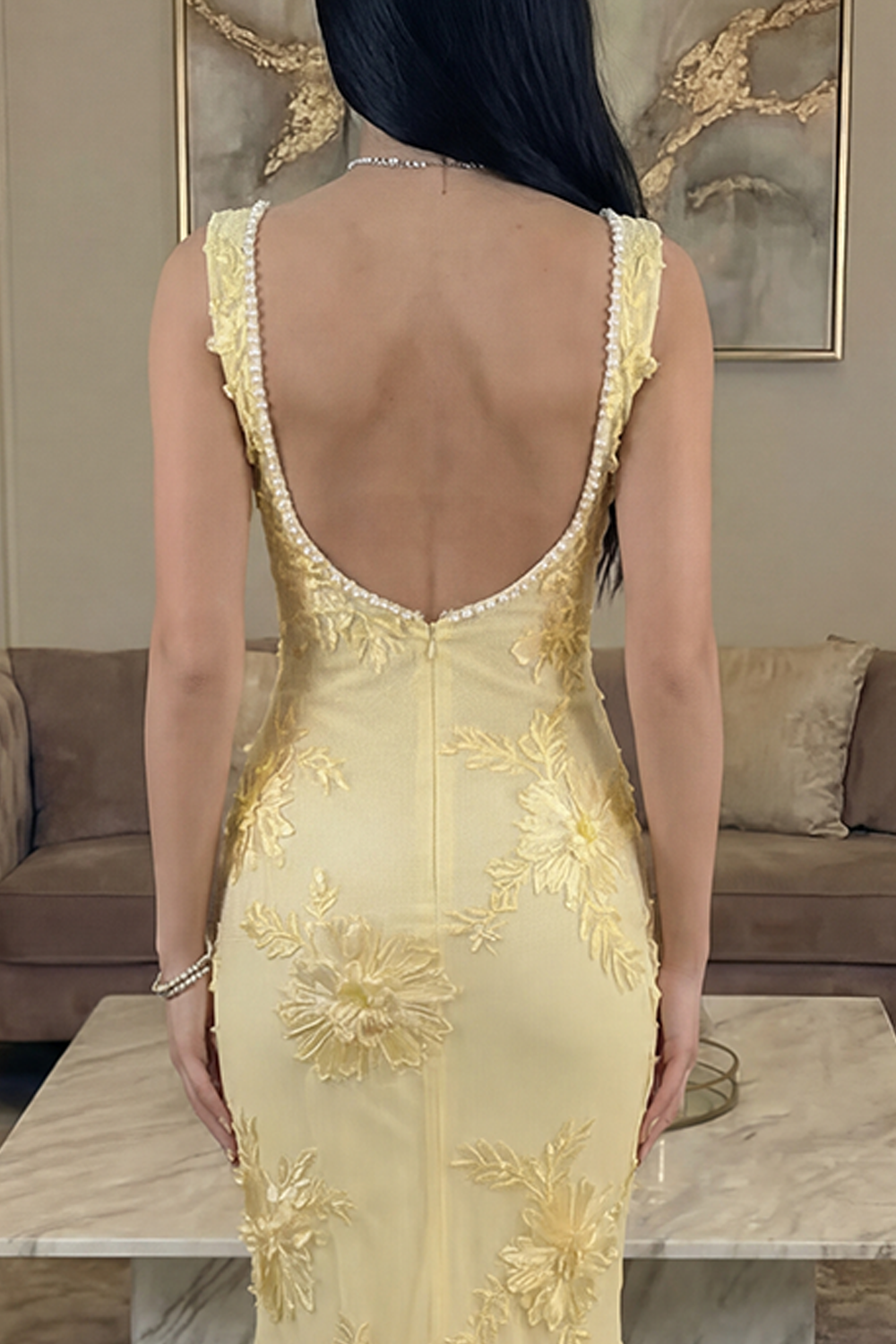 Yellow Floral Mermaid Square Neck Long Prom Dress with Pearls