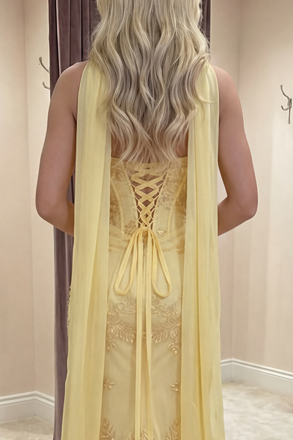 Yellow Corset Floral Mermaid Strapless Long Prom Dress with Slit