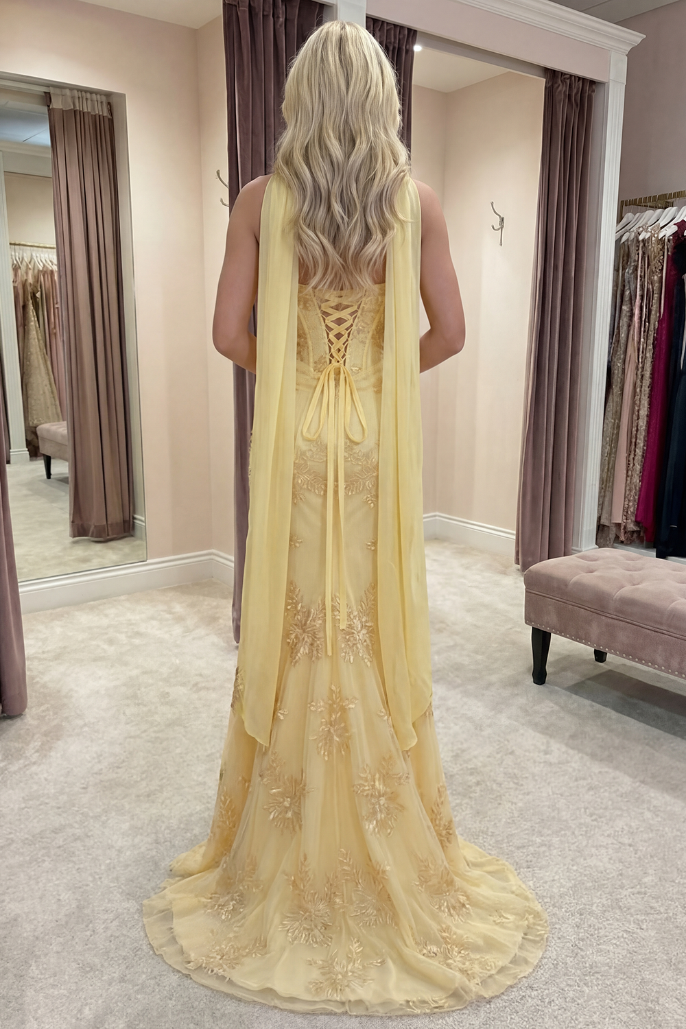 Yellow Corset Floral Mermaid Strapless Long Prom Dress with Slit