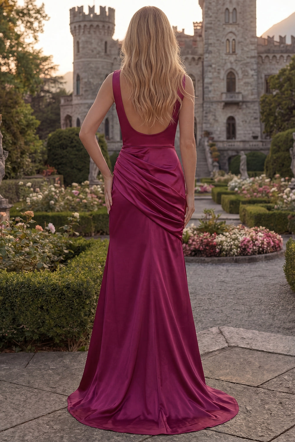 Burgundy Satin Long V-Neck Sheath Ruched Prom Dress with Slit