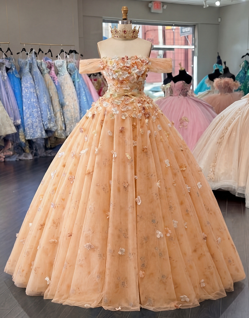 Champagne Princess Off the Shoulder Long Tulle Quinceanera Dress
