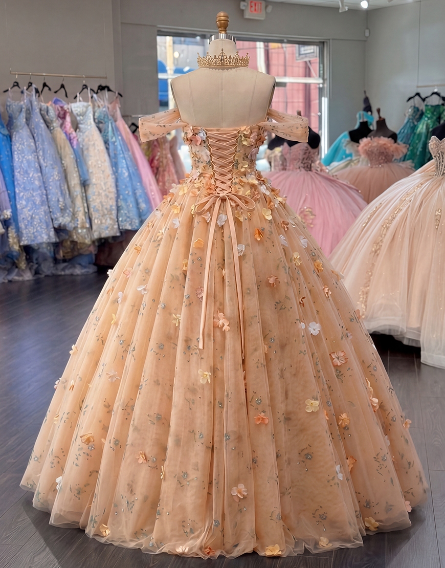 Champagne Princess Off the Shoulder Long Tulle Quinceanera Dress