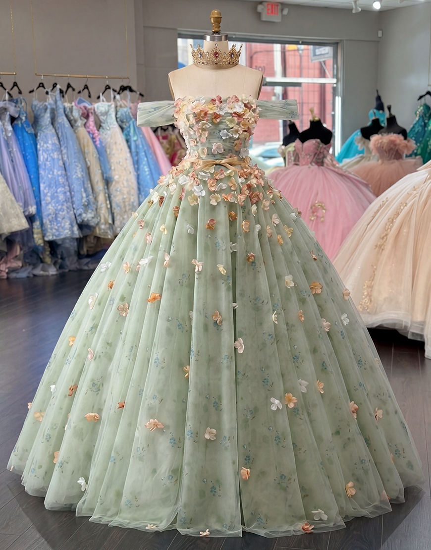 Champagne Princess Off the Shoulder Long Tulle Quinceanera Dress