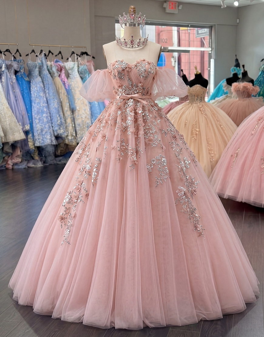 Sparkly Purple Tulle Floral Princess Off the Shoulder Long Quinceanera Dress with Ruffles