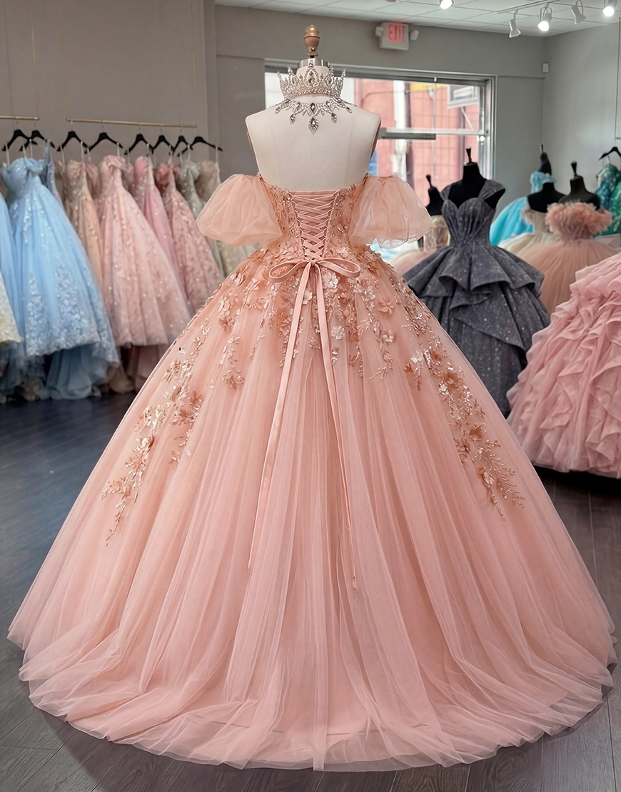 Sparkly Purple Tulle Floral Princess Off the Shoulder Long Quinceanera Dress with Ruffles