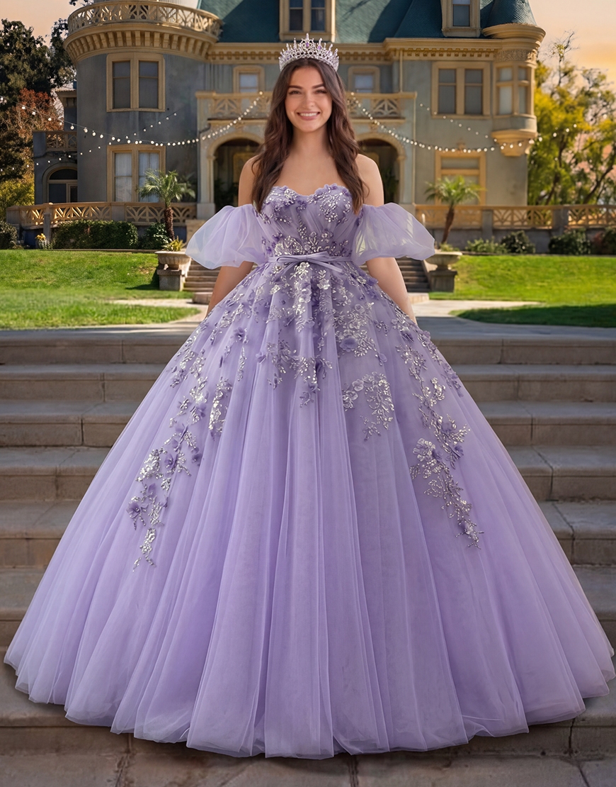 Sparkly Purple Tulle Floral Princess Off the Shoulder Long Quinceanera Dress with Ruffles