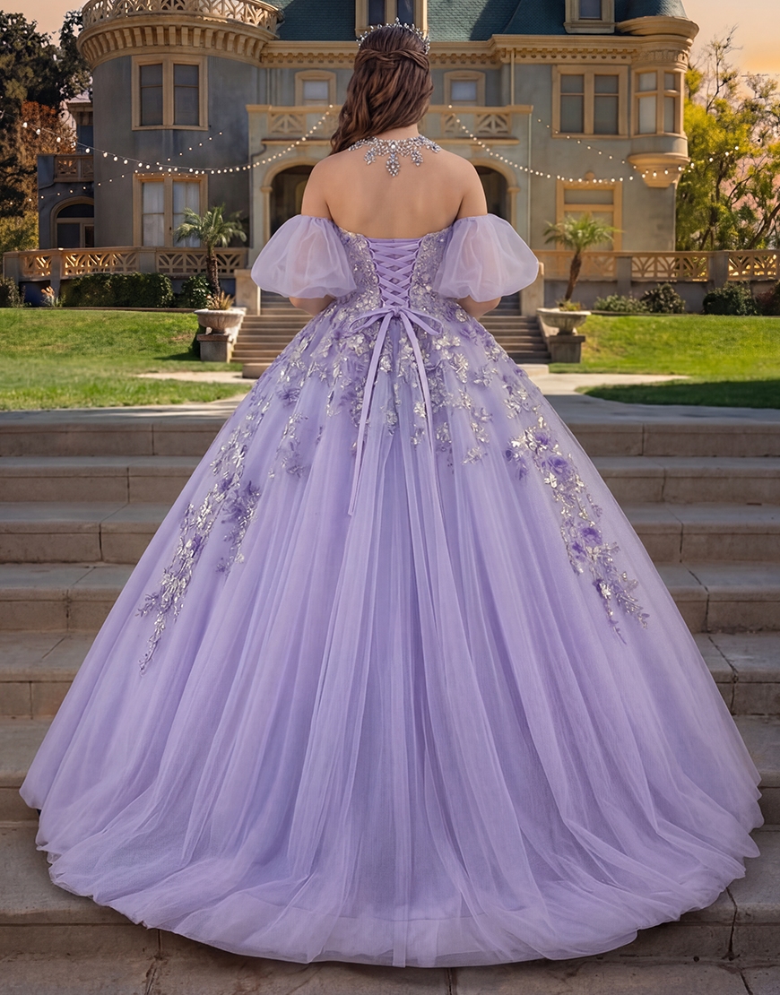 Sparkly Purple Tulle Floral Princess Off the Shoulder Long Quinceanera Dress with Ruffles