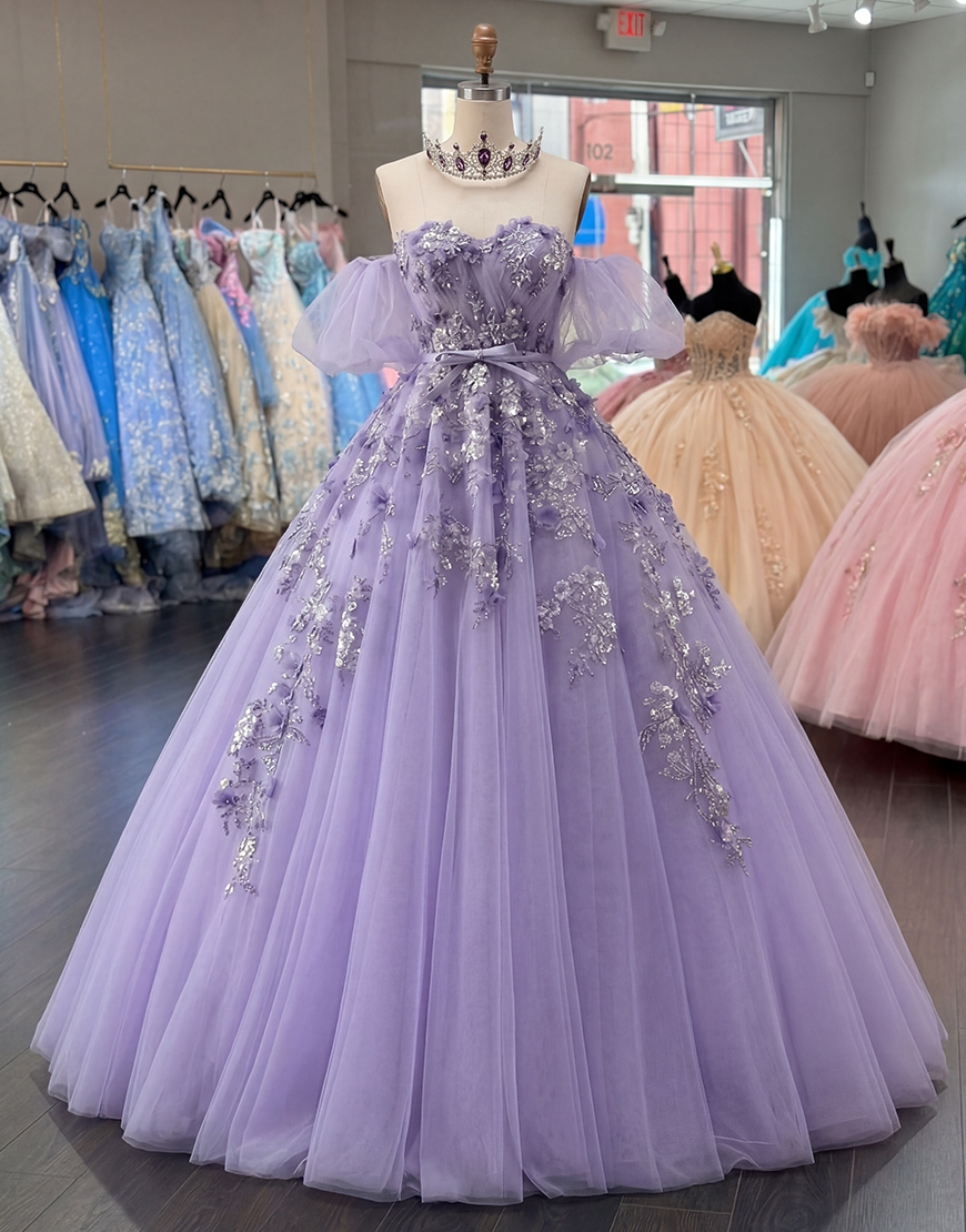 Sparkly Purple Tulle Floral Princess Off the Shoulder Long Quinceanera Dress with Ruffles