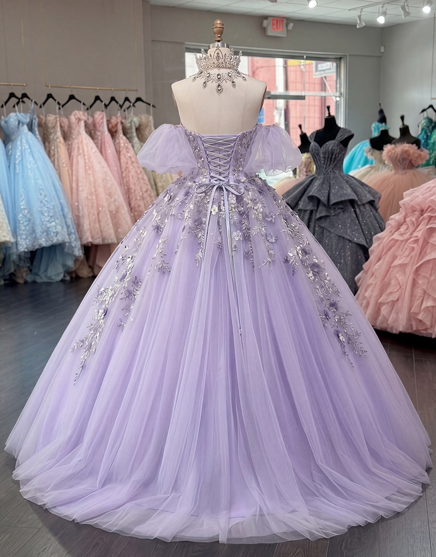 Sparkly Purple Tulle Floral Princess Off the Shoulder Long Quinceanera Dress with Ruffles