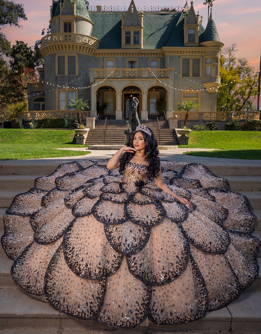 Black Apricot Ruffled Strapless Princess Long Quinceanera Dress