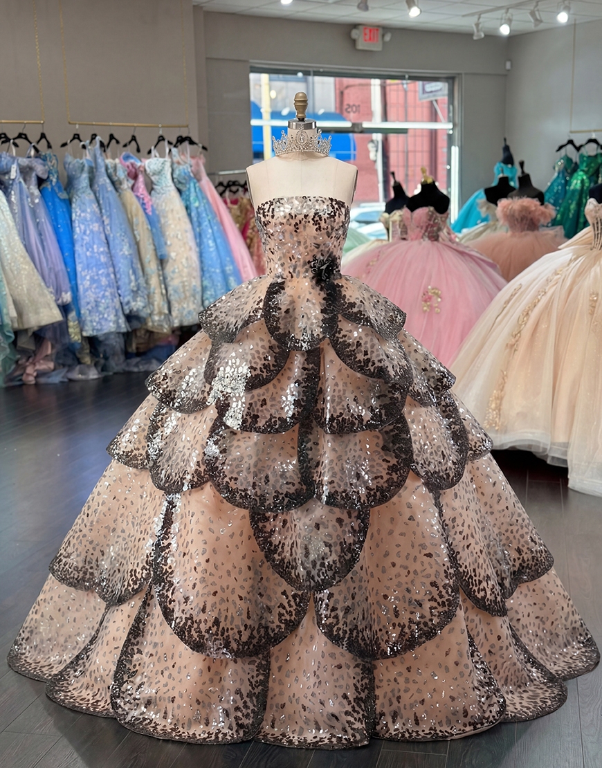 Black Apricot Ruffled Strapless Princess Long Quinceanera Dress