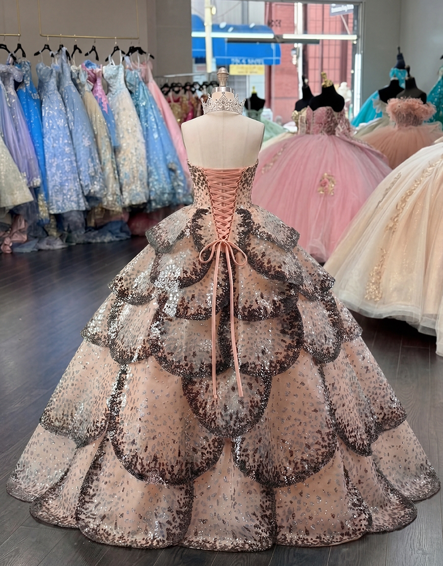 Black Apricot Ruffled Strapless Princess Long Quinceanera Dress