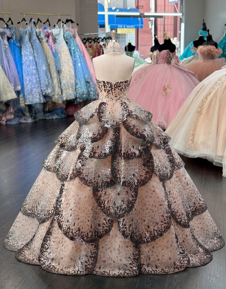 Black Apricot Ruffled Strapless Princess Long Quinceanera Dress