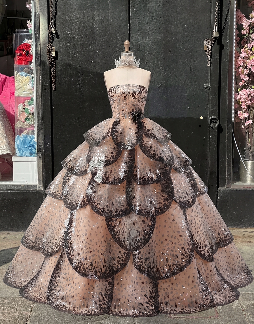 Black Apricot Ruffled Strapless Princess Long Quinceanera Dress