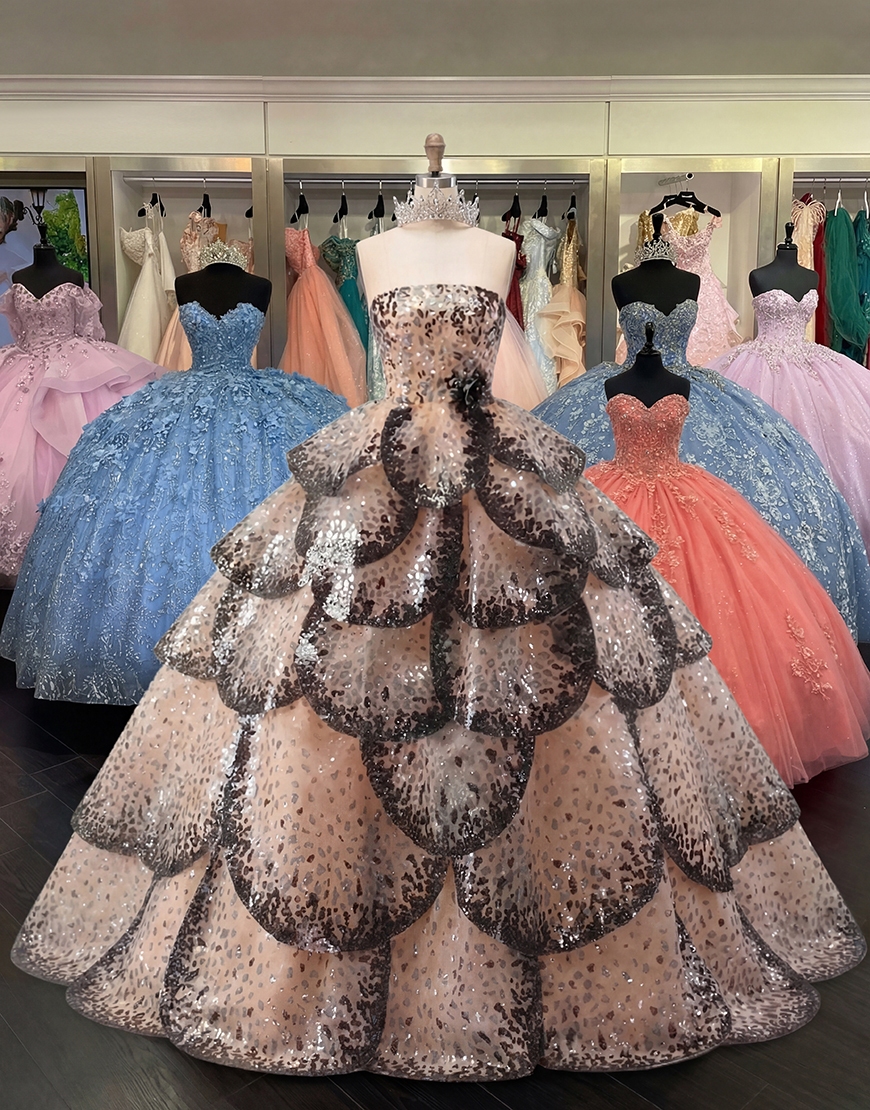 Black Apricot Ruffled Strapless Princess Long Quinceanera Dress