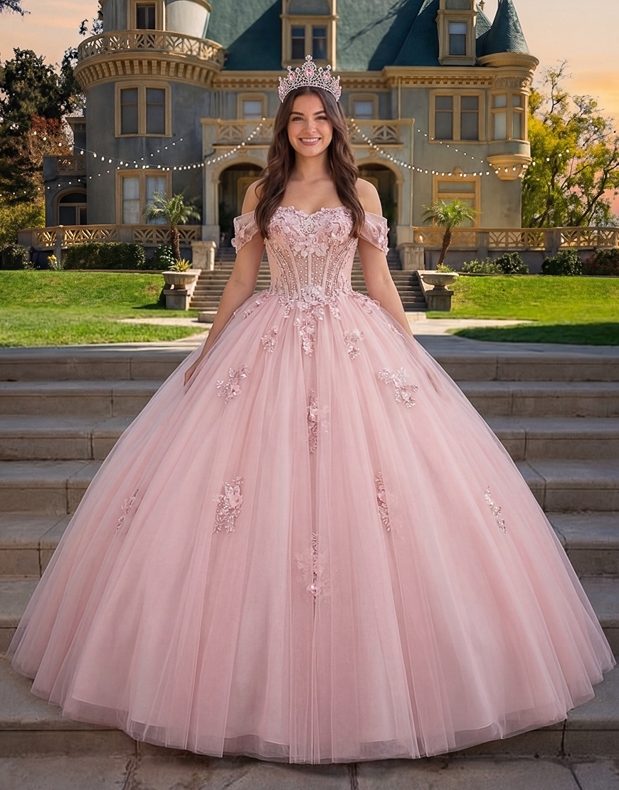 Pink Corset Tulle Floral Princess Long Quinceanera Dress with Appliques