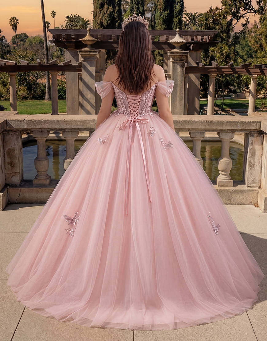 Pink Corset Tulle Floral Princess Long Quinceanera Dress with Appliques