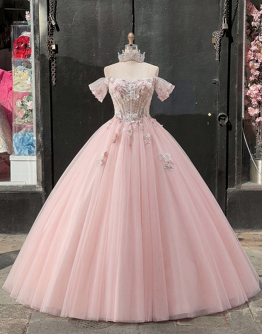 Pink Corset Tulle Floral Princess Long Quinceanera Dress with Appliques