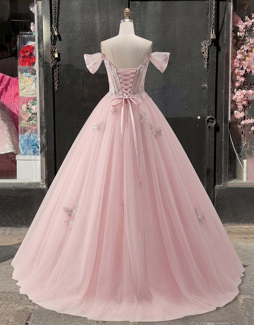 Pink Corset Tulle Floral Princess Long Quinceanera Dress with Appliques