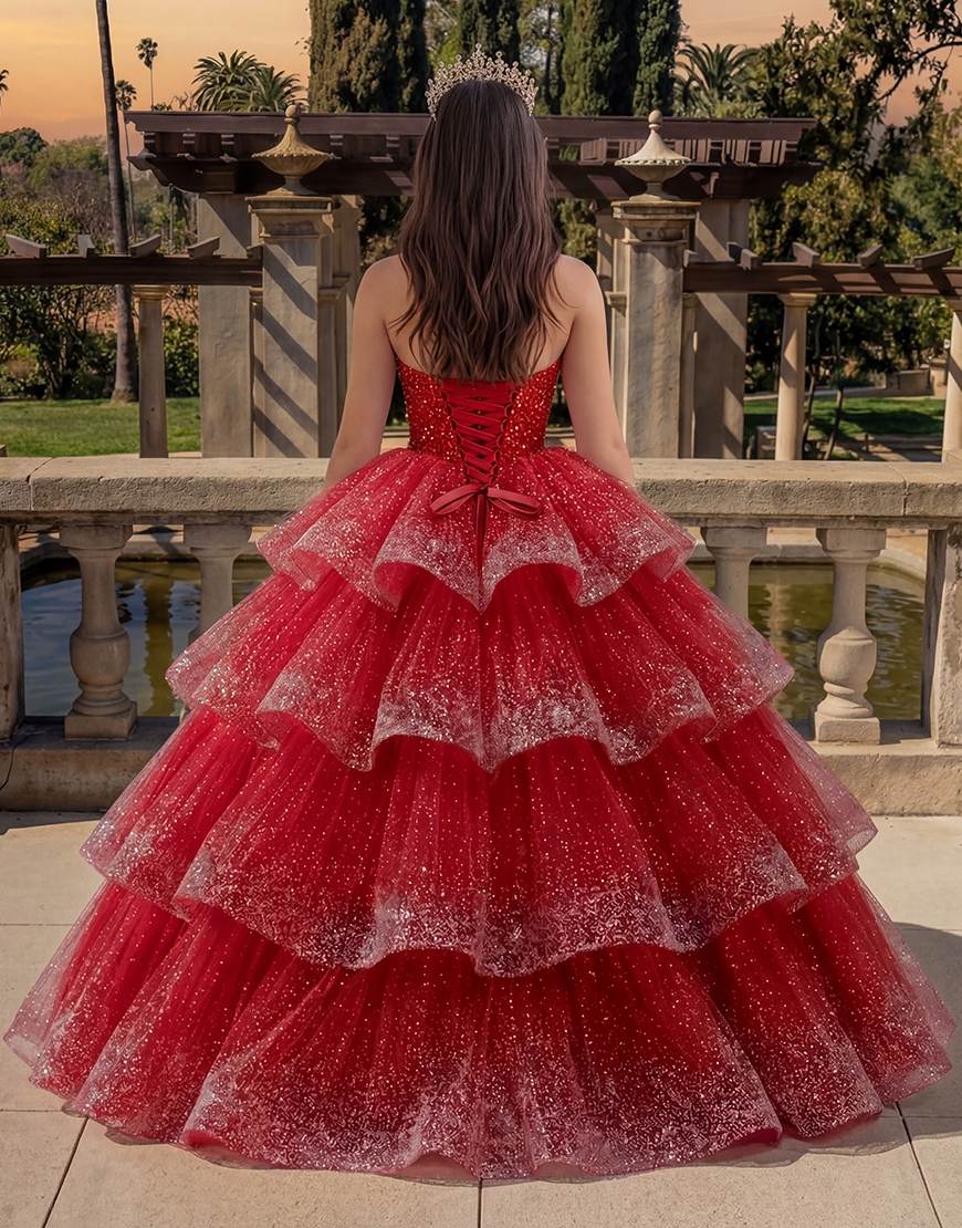 Sparkly Red Sequin Corset Princess Long Quinceanera Dress with Ruffles