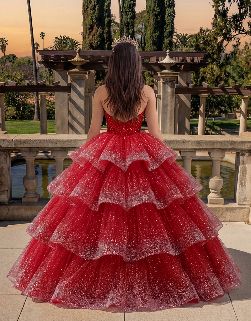 Sparkly Red Sequin Corset Princess Long Quinceanera Dress with Ruffles