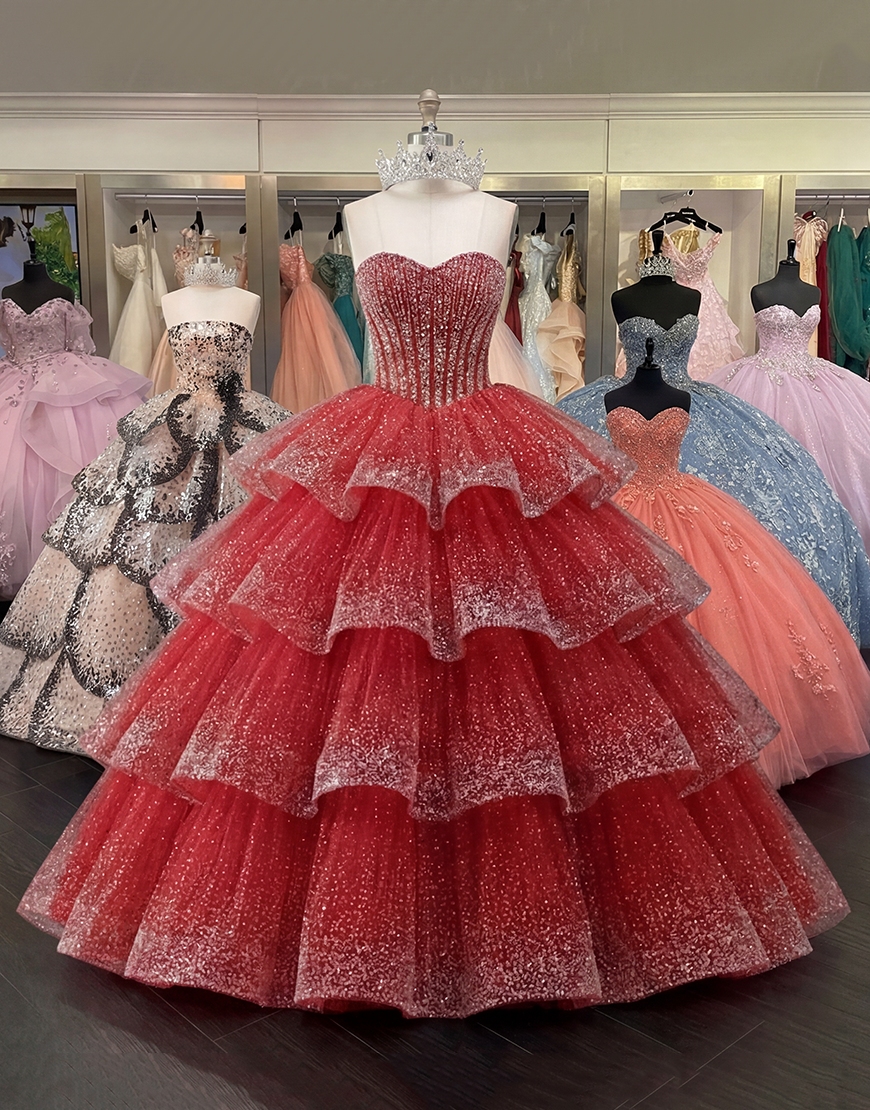 Sparkly Red Sequin Corset Princess Long Quinceanera Dress with Ruffles