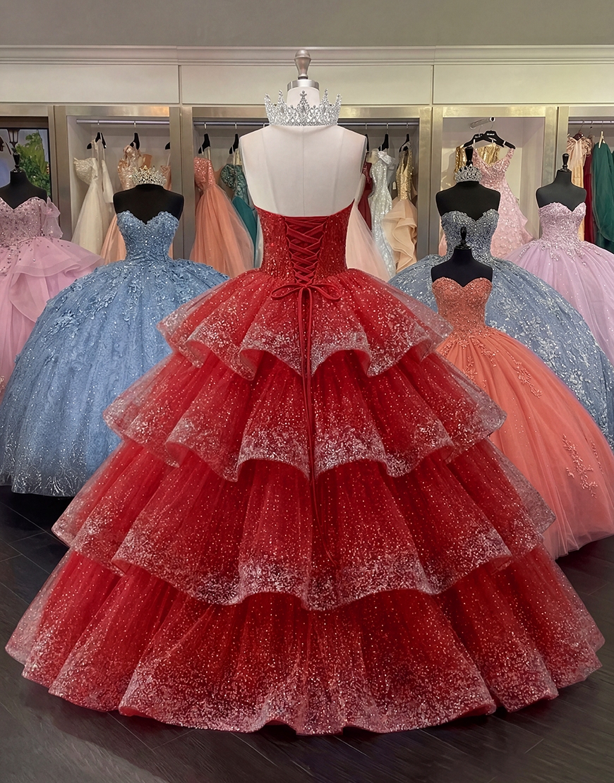 Sparkly Red Sequin Corset Princess Long Quinceanera Dress with Ruffles