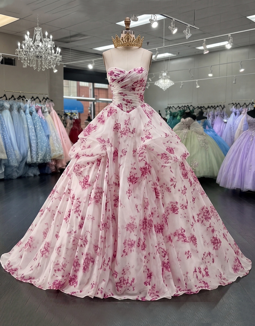 White Fuchsia Flower Sweetheart Ruched Princess Long Quinceanera Dress