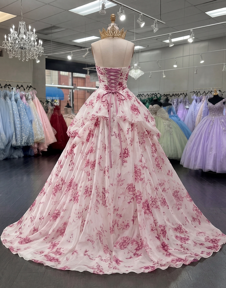 White Fuchsia Flower Sweetheart Ruched Princess Long Quinceanera Dress