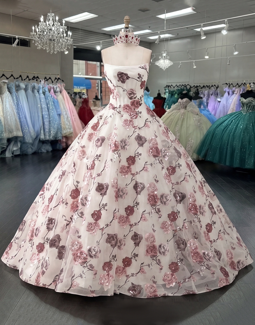 White Red Flower Strapless Corset Princess Long Quinceanera Dress