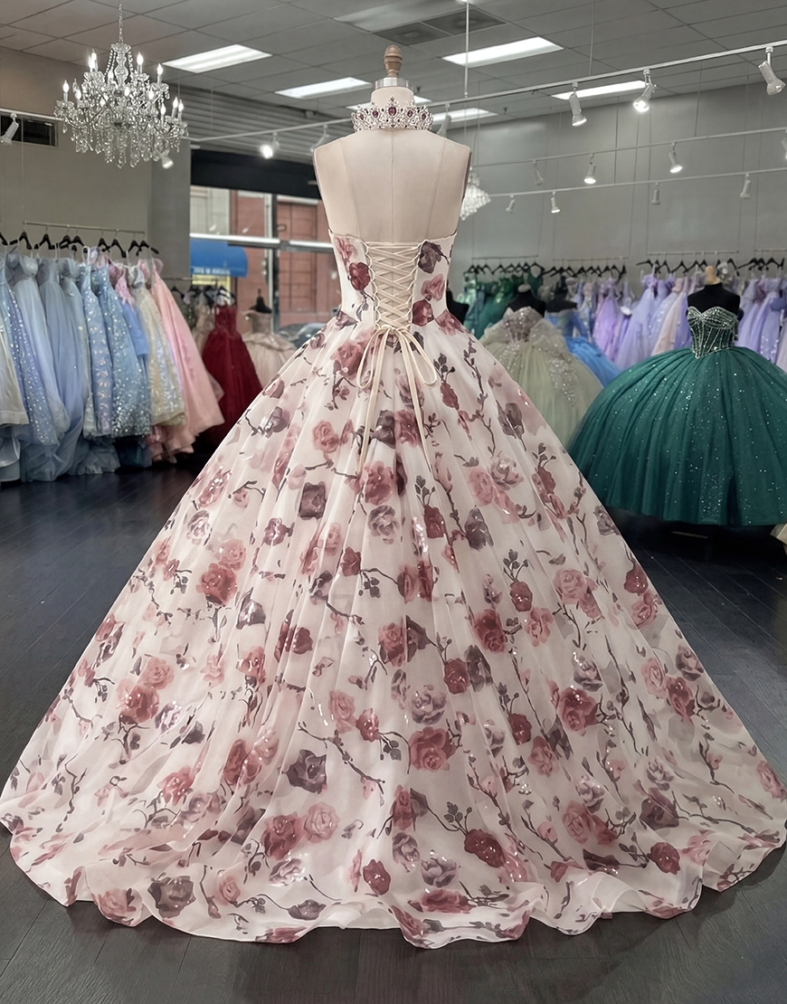 White Red Flower Strapless Corset Princess Long Quinceanera Dress