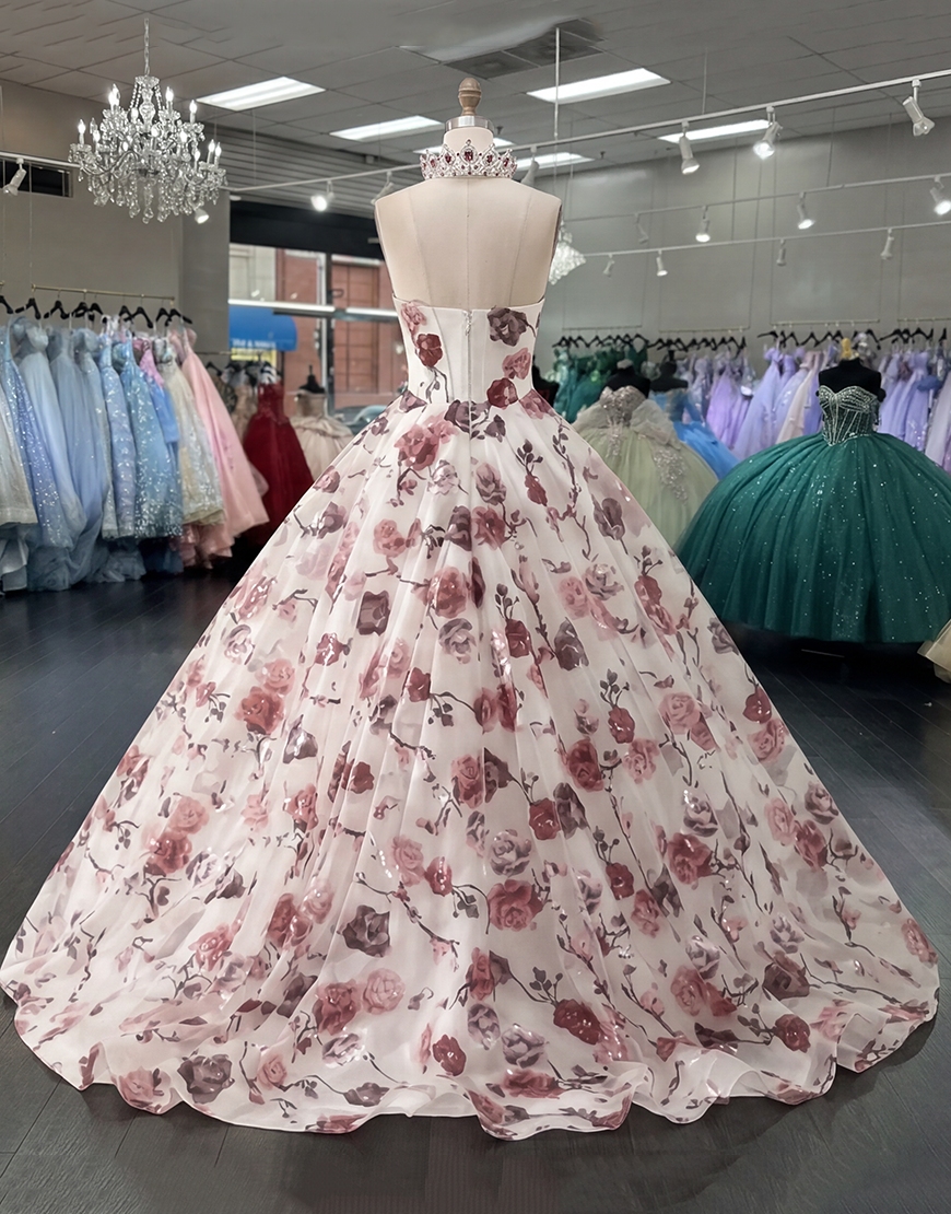 White Red Flower Strapless Corset Princess Long Quinceanera Dress