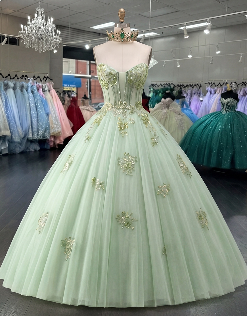 Green Floral Strapless Corset Princess Long Quinceanera Dress