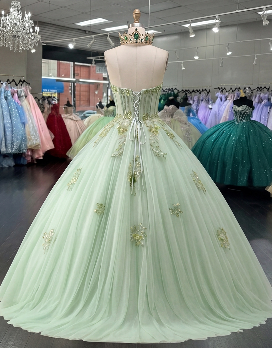 Green Floral Strapless Corset Princess Long Quinceanera Dress
