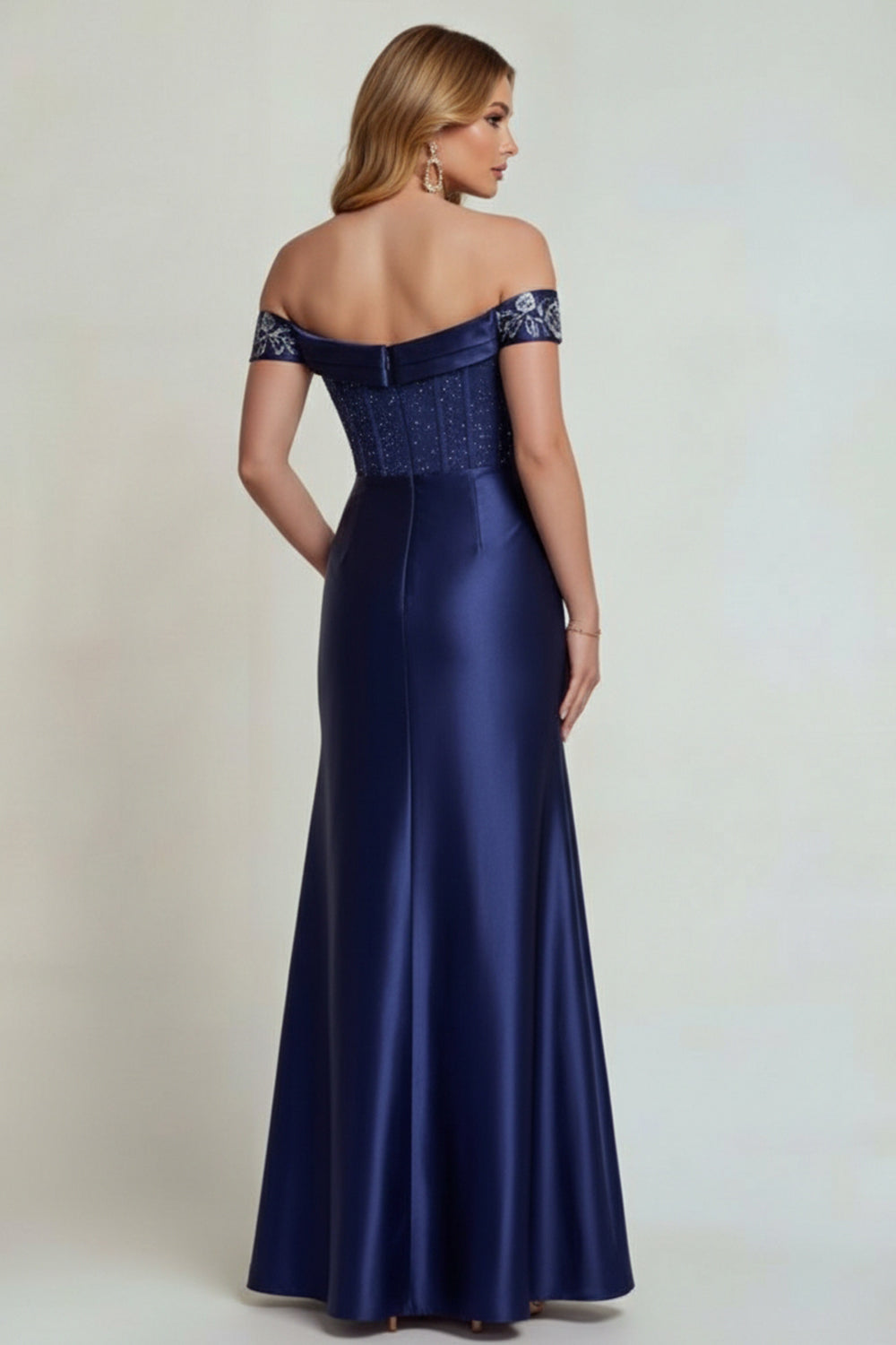 Sparkly Off The Shoulder Navy Floral Long Corset Prom Dress with Slit