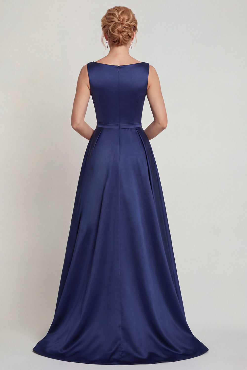 Boat Neck A Line Navy Floral Satin Beaded Long Prom Dress