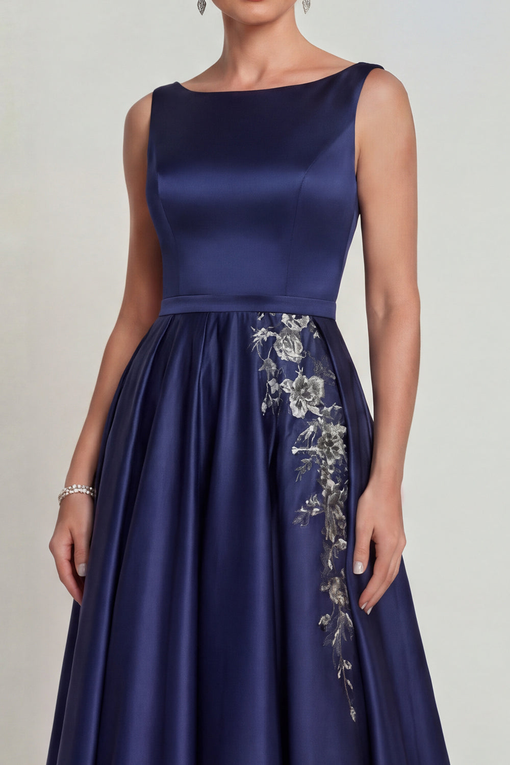 Boat Neck A Line Navy Floral Satin Beaded Long Prom Dress