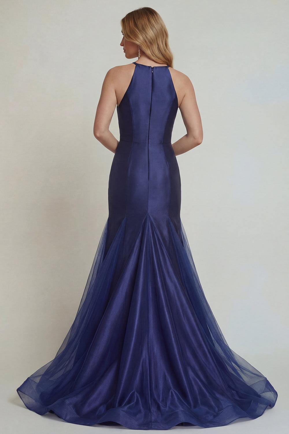 Navy Floral Satin Halter Mermaid Long Prom Dress with Slit