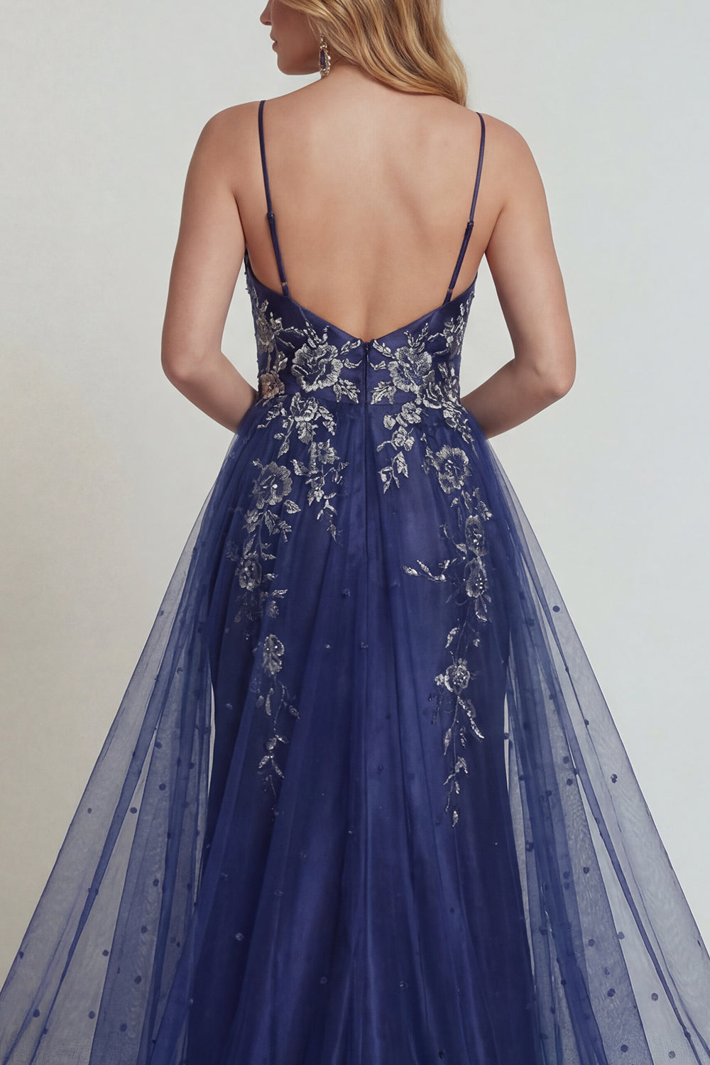 Navy Floral Satin Mermaid Long Prom Dress with Cape