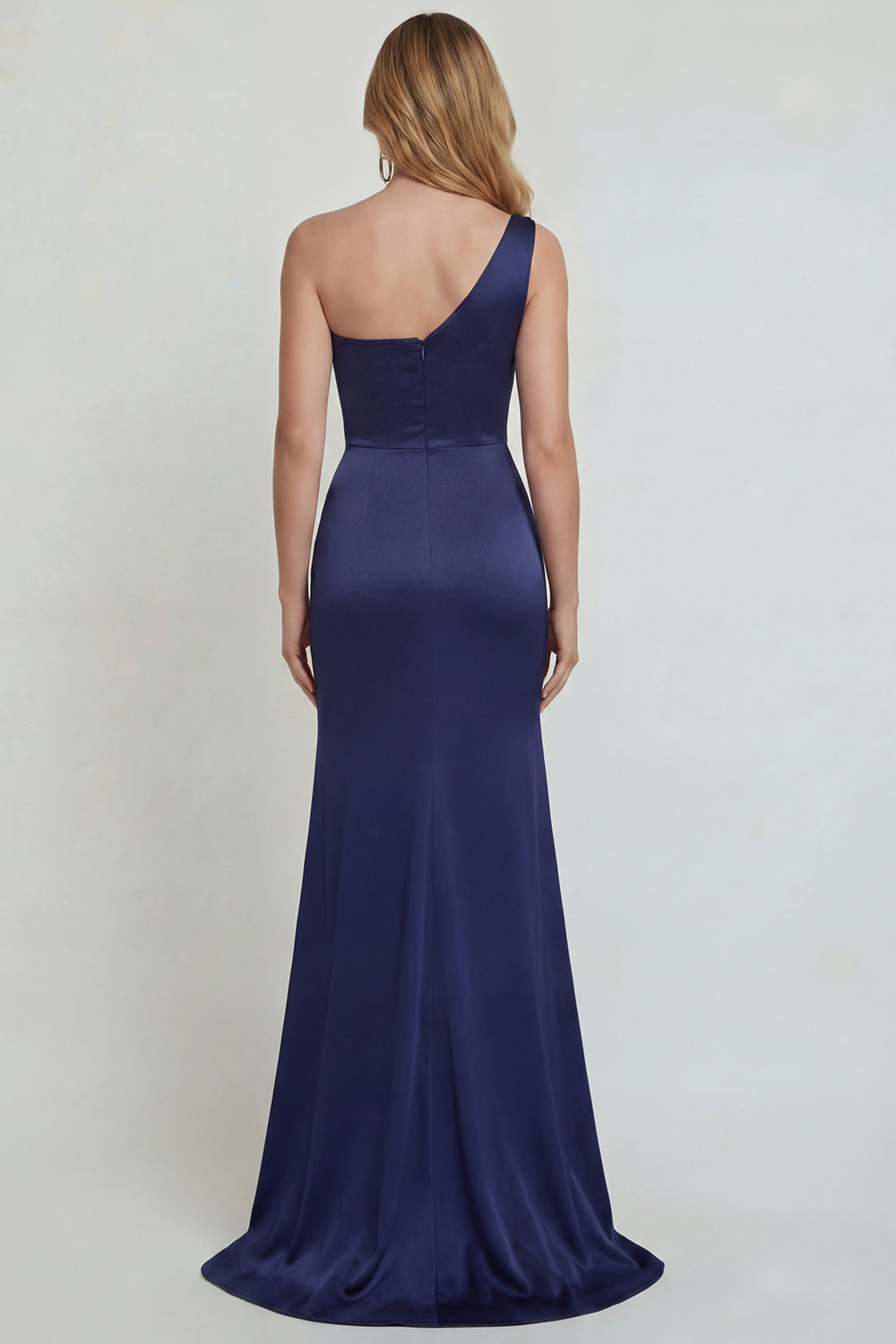 Mermaid One Shoulder Navy Floral Satin Long Prom Dress