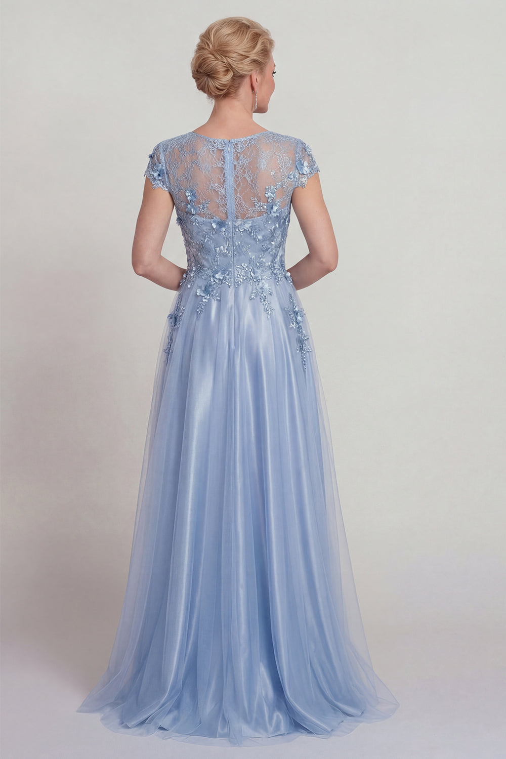 Sparkly Blue Floral Beaded A Line Long Prom Dress with Sleeves