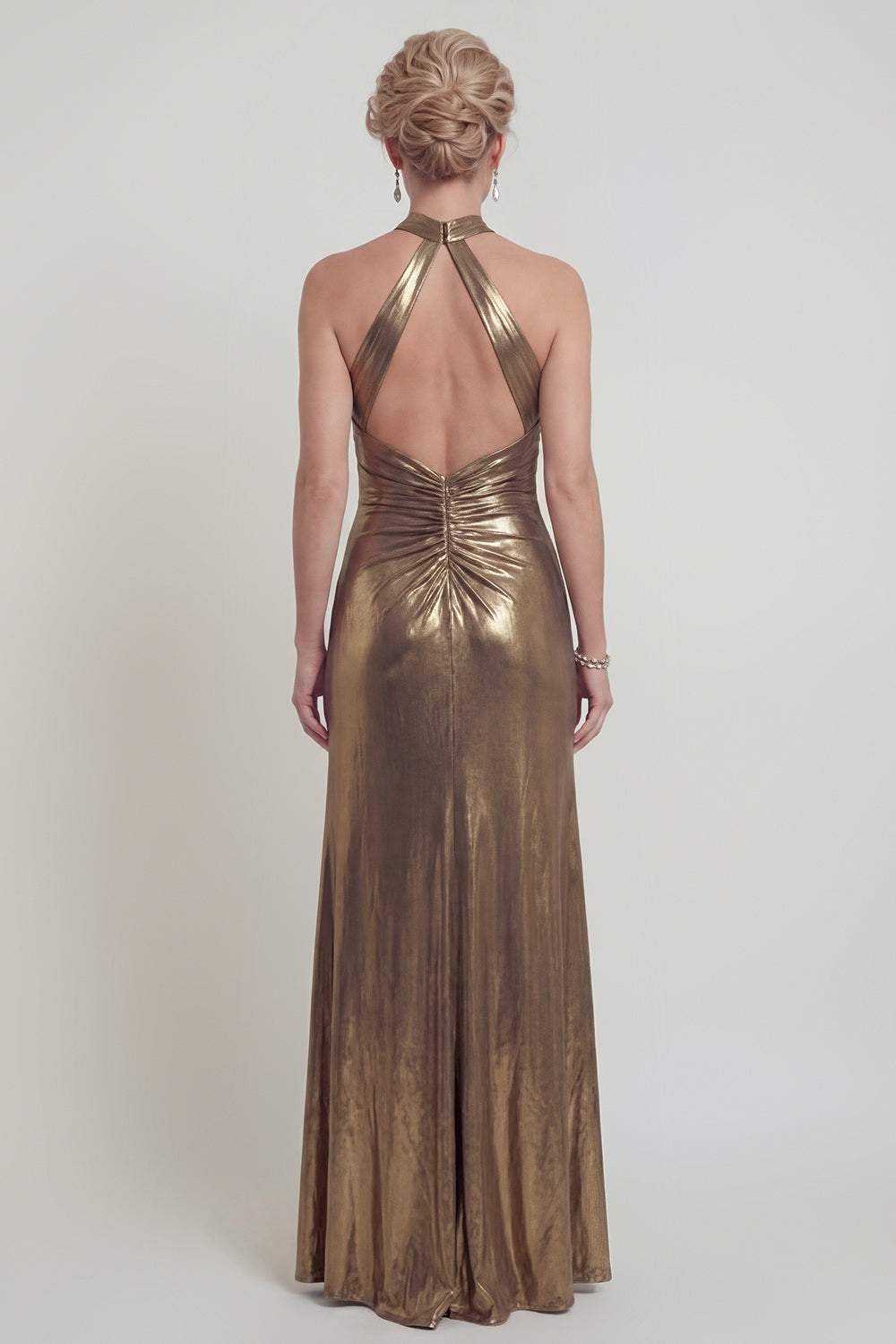 Sparkly Golden Long Halter Mermaid Metallic Prom Dress with Slit