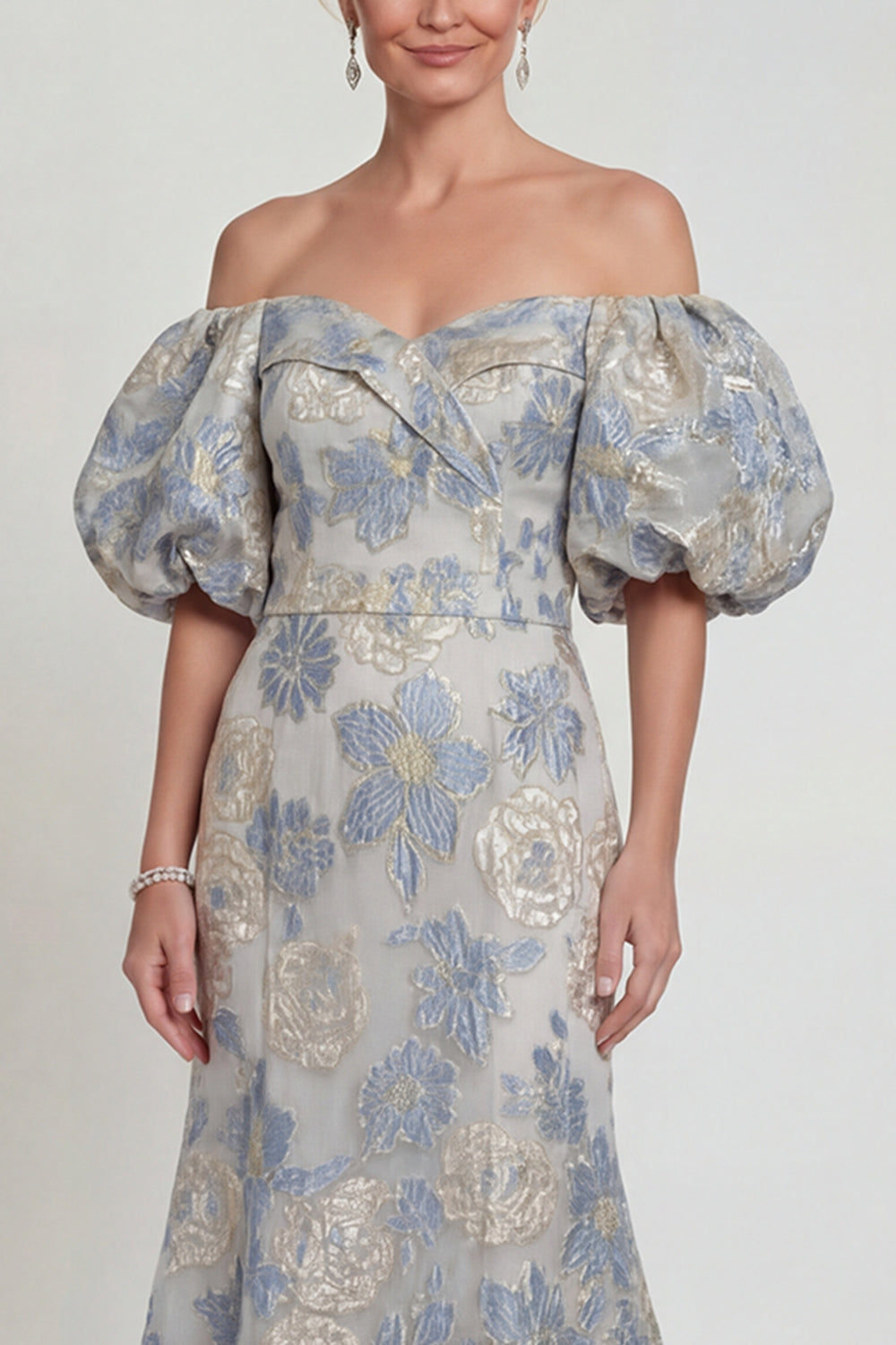 Dusty Blue Long Mermaid Floral Off the Shoulder Prom Dress with Sleeves