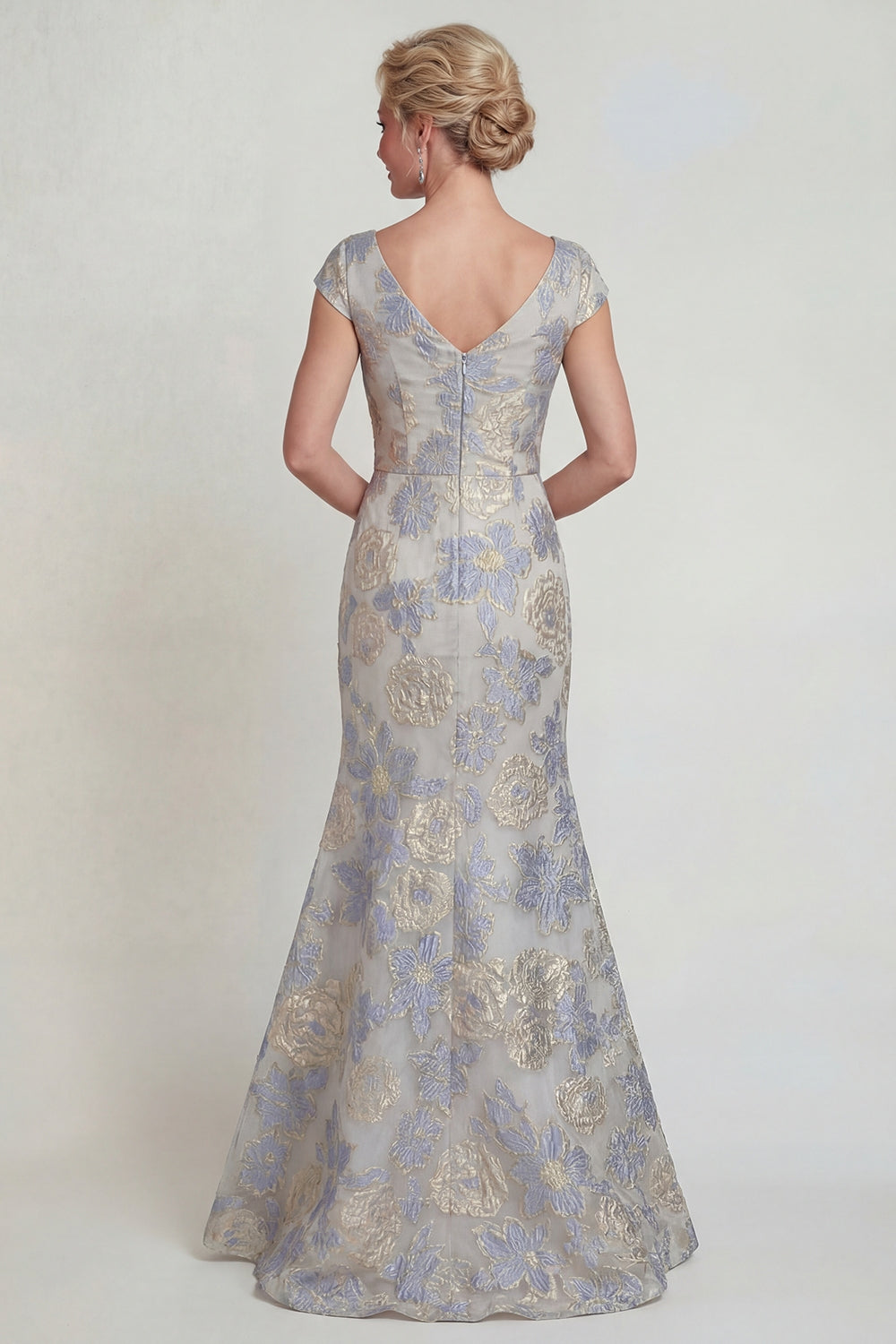 Dusty Blue Cap Sleeves Jacquare Long Mermaid Floral Prom Dress