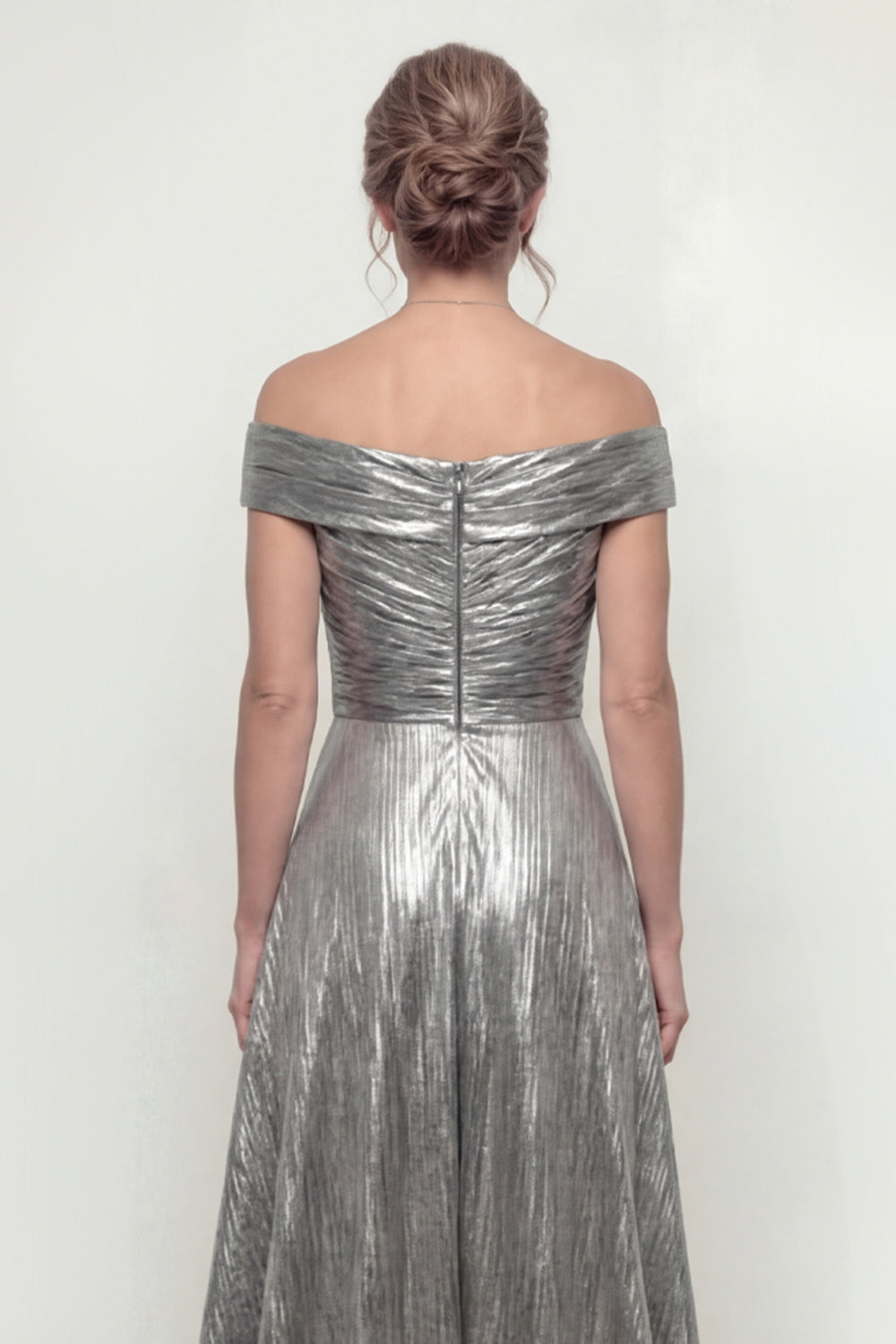 Sparkly Grey Silver Long A Line Off the Shoulder Prom Dress