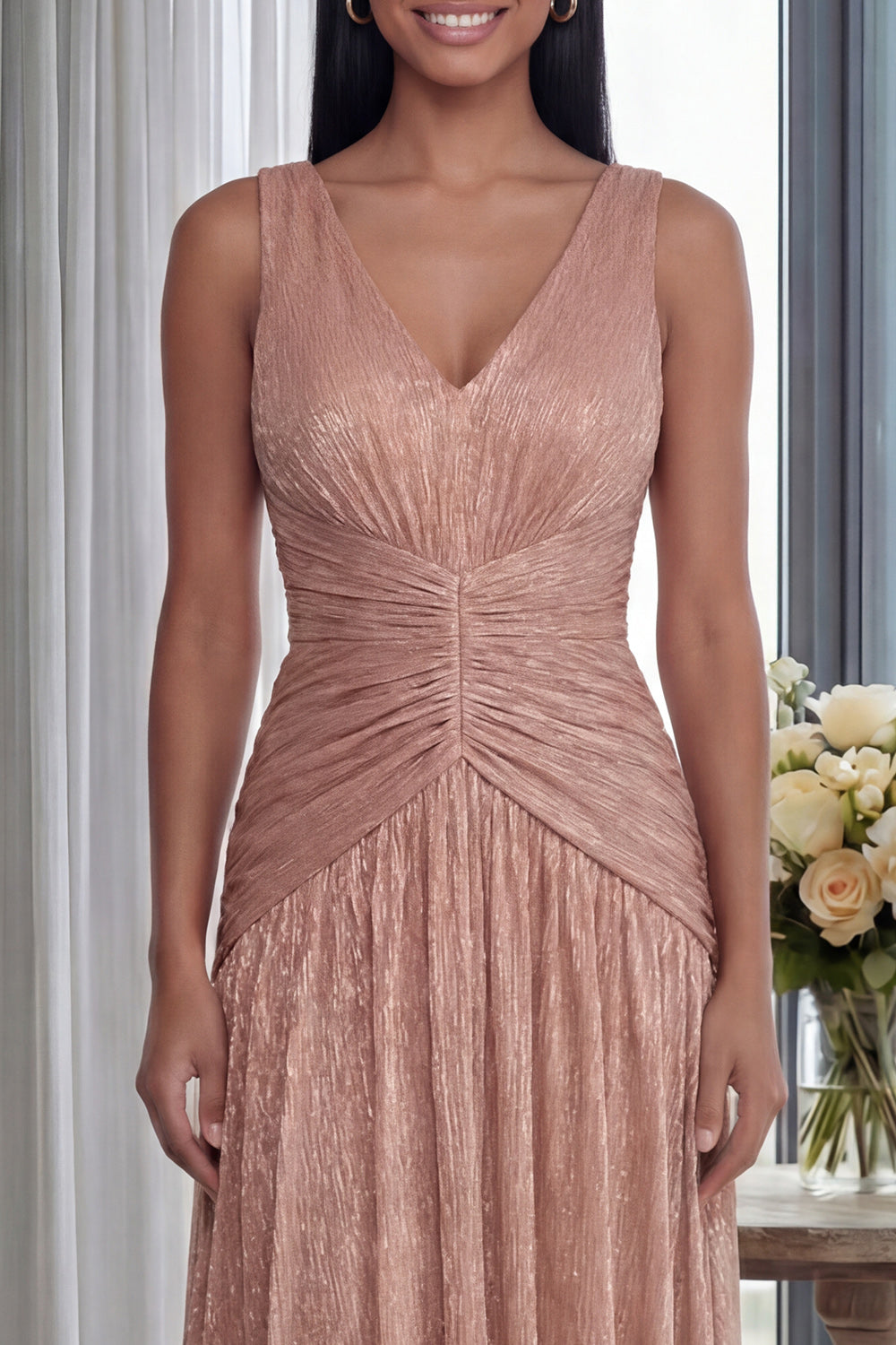 Glitter Dusty Rose V-Neck Sheath Pleated Long Prom Dress