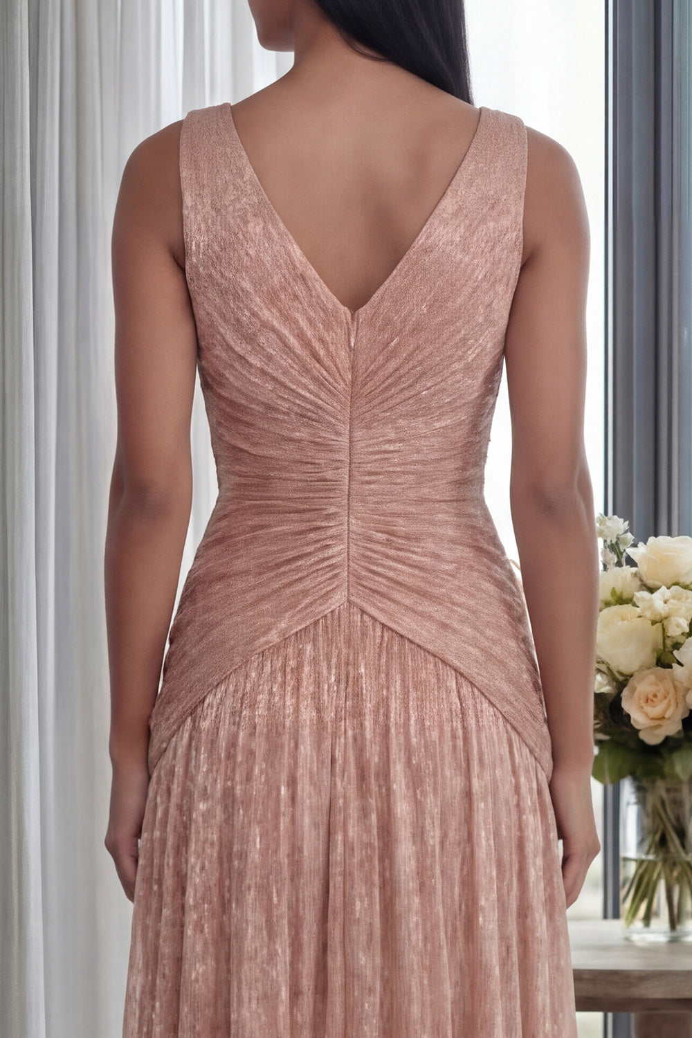 Glitter Dusty Rose V-Neck Sheath Pleated Long Prom Dress
