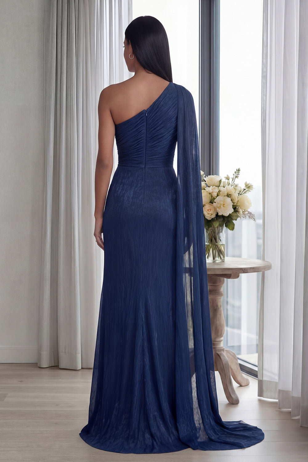 Navy One Shoulder Mermaid Long Prom Dress with Side Cape