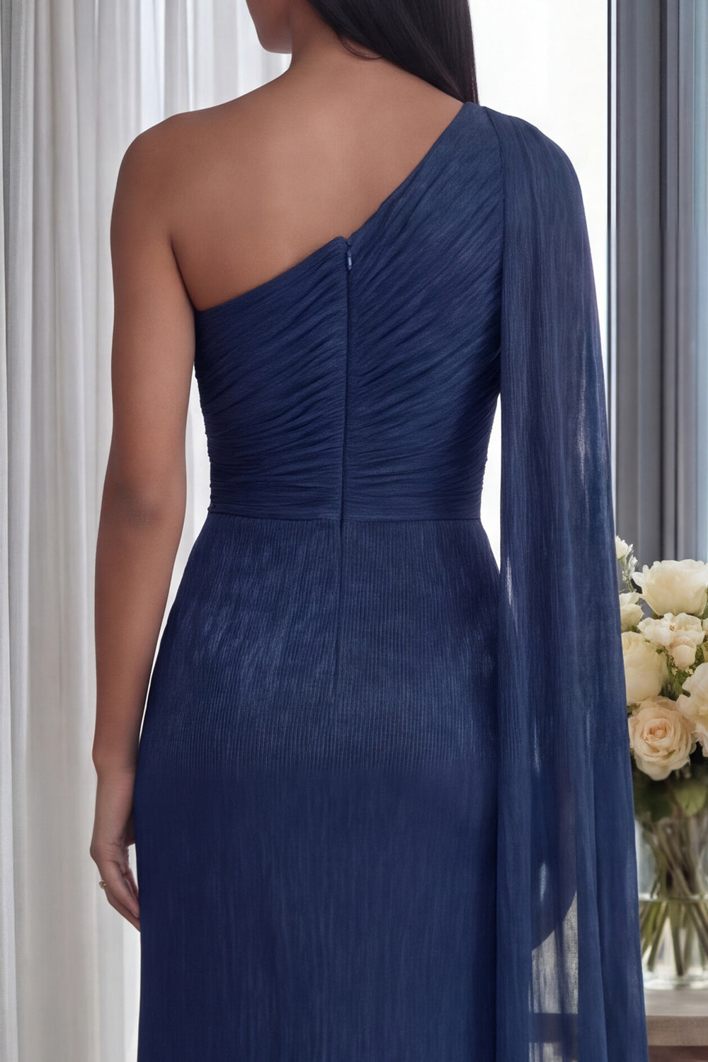 Navy One Shoulder Mermaid Long Prom Dress with Side Cape